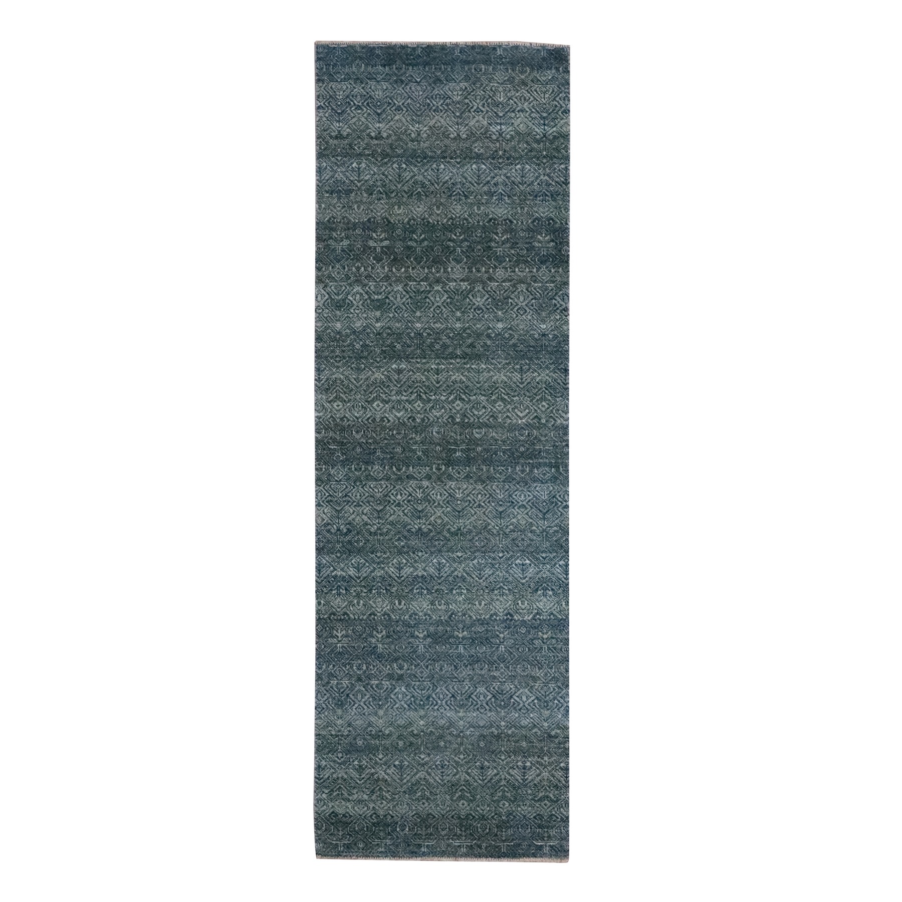 2'6"x8'1" Ocean Blue, Herat Pattern, Small Geometric Repetitive Diamond Design, Soft Wool, Tone on Tone, Hand Knotted, Runner, Oriental Rug 
